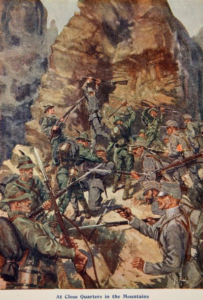At Close Quarters in the Mountains, ilustrace z Told in the Huts: The YMCA Gift Book, vydané v roce 1916 od English School