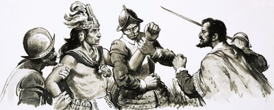 Atahualpa, bůh-král Inků, se přátelsky setkal s invazními Španěly od English School