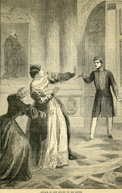 Útok Dona Miguela na jeho sestru, převzato z Cassells Illustrated History of England, 18571858 od English School