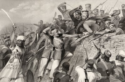 Útok vzbouřenců na baterii Redan v Luknově, 30. července 1857, z knihy "The History of the Indian Mutiny", vydané v roce 1858. od English School