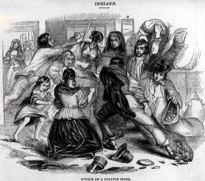 Útok na obchod s bramborami v Irsku, kolem roku 1845 od English School