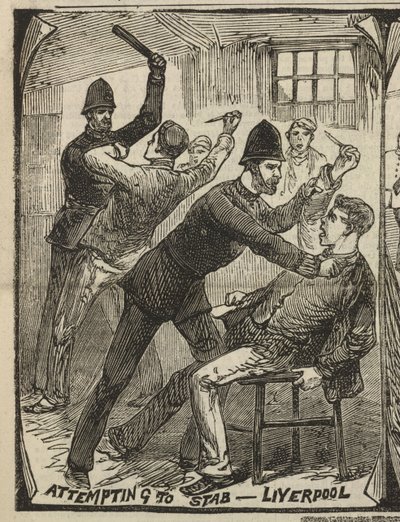 Pokus o bodnutí – Liverpool, z „Illustrated Police News“, 27. září 1884 (rytina) od English School