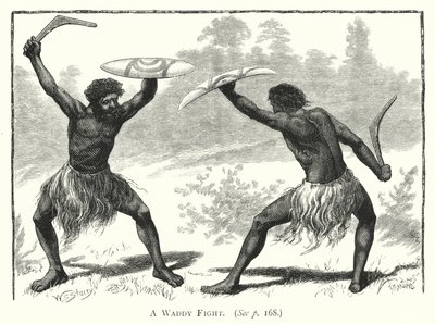 Austrálie: Waddy Fight (rytina) od English School
