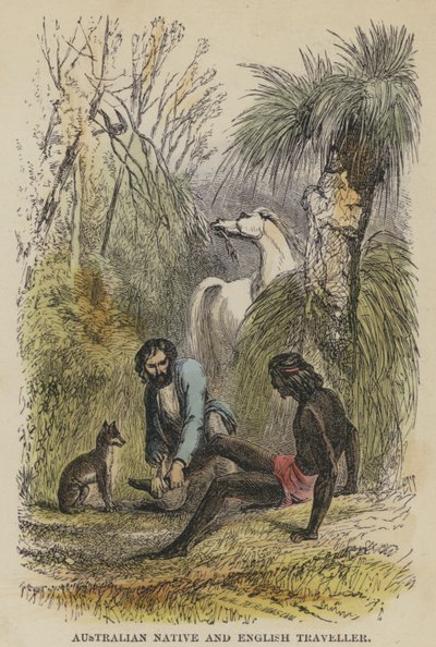 Australský domorodec a anglický cestovatel (barevné rytí) od English School
