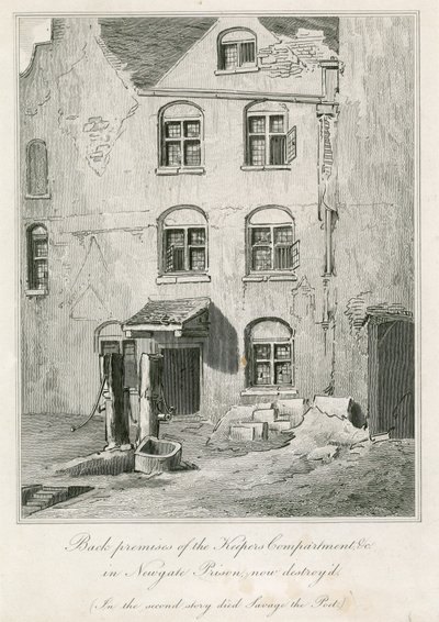 Zadní prostory oddělení chovatelů ve věznici Newgate. Ve druhém příběhu zemřel básník Richard Savage od English School