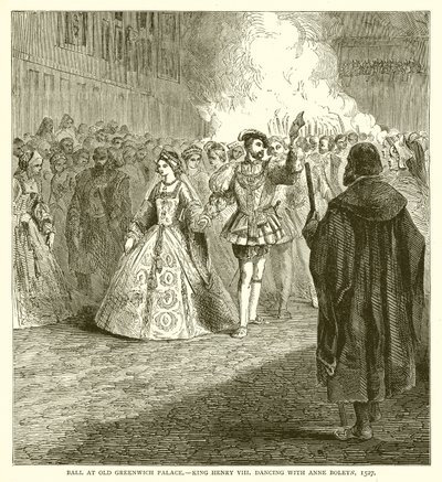 Ples ve Starém Greenwichském paláci. Tančící král Jindřich VIII s Annou Boleynovou, 1527 od English School
