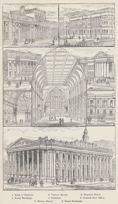 Bank of England, Custom House, Mansion House, Stock Exchange, Guildhall, General Post Office, Trinity House, Royal Exchange (rytina) od English School