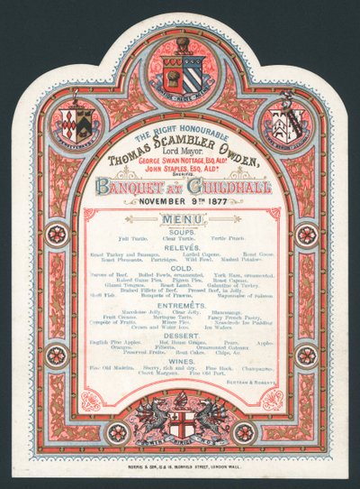 Banket v Guildhall, 9. listopadu 1877, menu od English School