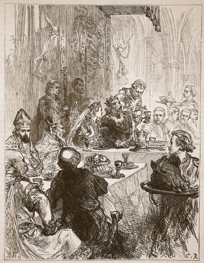 Hostina na svatbě Jindřicha a Eleonory Provensálské, ilustrace z Cassells Illustrated History of England (sépiová fotografie) od English School