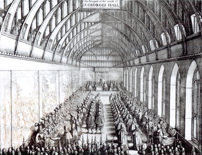 Banket Karla II. (1630-85) v sále svatého Jiří, hrad Windsor od English School