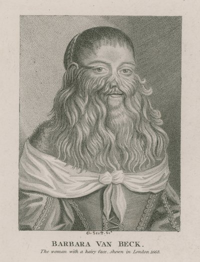 Barbara Van Beck, žena s chlupatým obličejem, zobrazena v Londýně, 1668 od English School