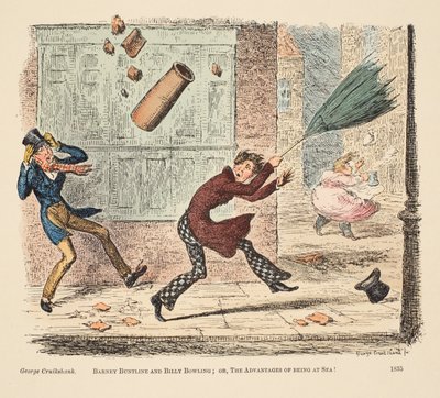 Barney Buntline a Billy Bowling; aneb The Advantages of Being at Sea, pub. 1835 (ručně kolorovaná rytina) od English School