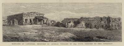 Kasárna v Cawnpore, bráněná generálem Wheelerem v roce 1857, dokud nebyla zredukována na tento stav (rytina) od English School