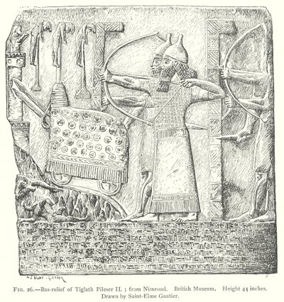 Bas-reliéf Tiglatha Pilesera II.; z Nimroudu. Britské muzeum (rytina) od English School