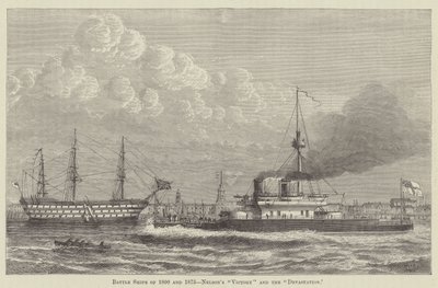 Bitevní lodě z let 1800 a 1875, Nelsonova "Victory" a "Devastation" (rytina) od English School