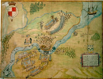 Bitva o Erne Ford v roce 1593 (pero a inkoust s mytím na papíře) od English School