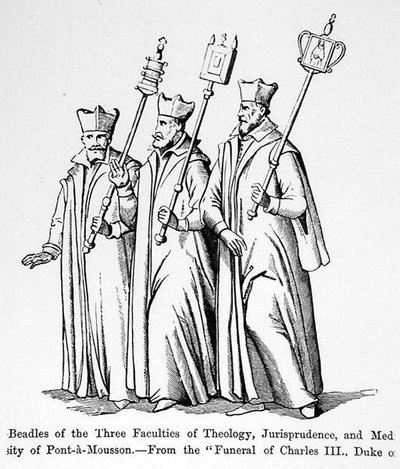 Beadles ze tří teologických, právnických a lékařských fakult, z Pohřeb Karla III. (1543-1608) vévody z Lorraine, ilustrace z Vědy a literatury ve středověku a v roce od English School