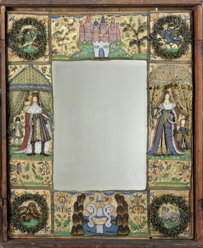 Beadwork Mirror, c. 1672-79 (hedvábí, kovové a kožené nitě se skleněnými korálky a flitry na hedvábně saténovém podkladu potažené dubem) od English School