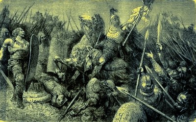 Belisarius vede římskou armádu proti Gótům, ilustrace z Ilustrované historie světa, vydané kolem roku 1880 (digitálně vylepšený obrázek) od English School