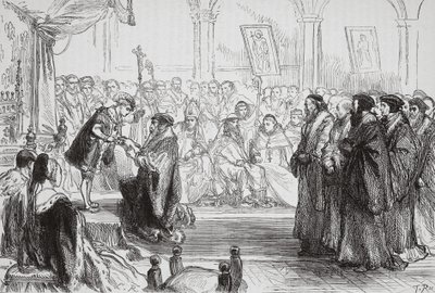 Beza představuje Vyznání francouzské protestantské církve králi na kolokviu v Poissy, ilustrace z Historie protestantismu od Jamese Aitkena Wylie (1808-1890), hospoda. 1878 (angl od English School