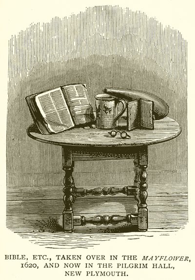 Bible atd., převzaté v Mayflower, 1620, a nyní v Pilgrim Hall, New Plymouth od English School