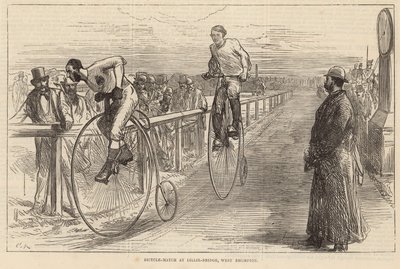 Cyklistický zápas na Lillie Bridge, West Brompton od English School