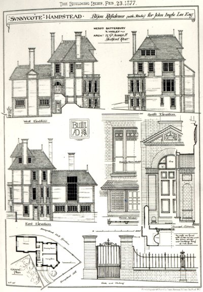 Bijou Residence Sunnycote, Hampstead, (se studiem) pro Johna Ingle Lee Esqa, z The Building News, 23. února 1877 News, 23. února 1877 od English School