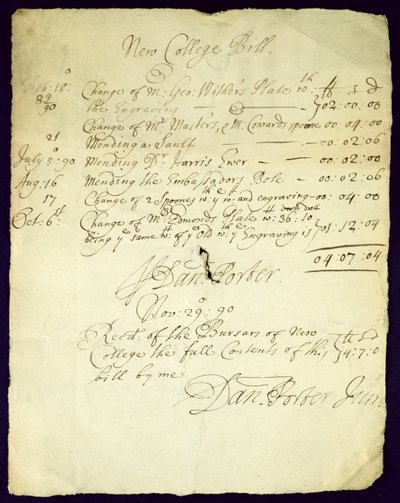 Bill od Daniela Portera na New College, 1690 od English School