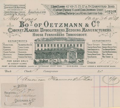 Bill od Oetzmann & Co, truhlářů, čalouníků, výrobců lůžkovin a bytových doplňků od English School