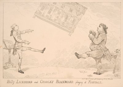 Billy Černovous a Charley Černovous hrají fotbal, satirická karikatura odkazující na Východoindický zákon, vydal W. Humphrey, 1744 od English School