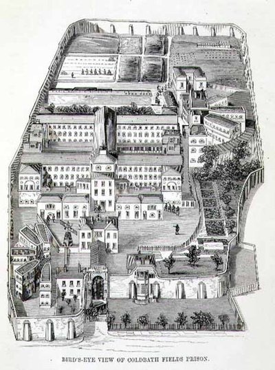 Pohled z ptačí perspektivy na věznici Coldbath Fields z filmu The Criminal Prisons of London and Scenes of Prison Life od Henryho Mayhewa (1812-87) a Johna Binnyho od English School