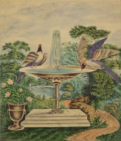 Ptáci ve fontáně v krajinném parku, cca 1840 (wc na papíře) od English School