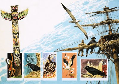 Ptáci zlého znamení, včetně albatrosa, věže a fénixe od English School