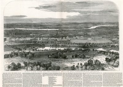 Pohled z ptačí perspektivy na Crystal Palace a okolní zemi, Velká výstava, 1851 od English School