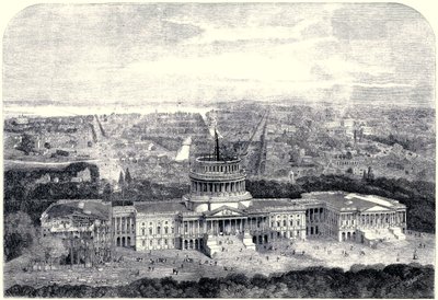 Pohled z ptačí perspektivy na město Washington 1861, s budovaným Kapitolem v popředí [Digitálně vyčištěná verze] od English School