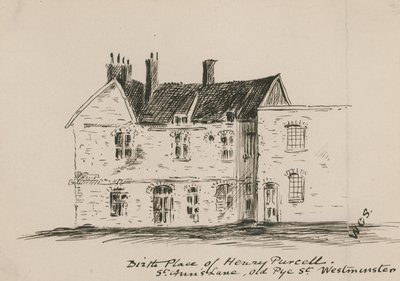 Místo narození Henryho Purcella, St Anns Lane, Old Pye Street, Westminster (inkoust na papíře) od English School