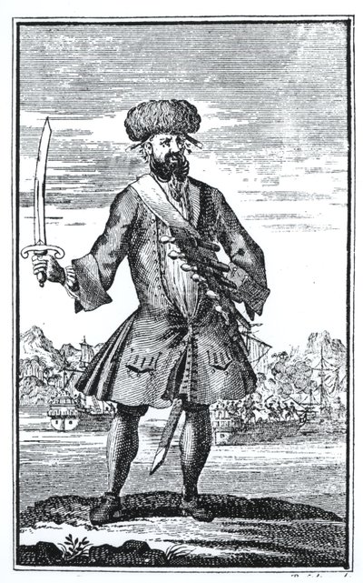 Pirát Černovous, z Obecná historie loupeží a vražd nejznámějších Pyrátů od kapitána Charlese Johnsona, vydané v roce 1724 od English School