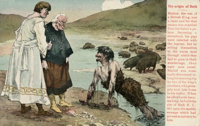 Bladud, legendární král Britů, který údajně založil město Bath (barva litho) od English School