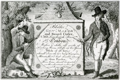 Blake, Gunmaker and Sword Cutler, štítek na pouzdru zbraně (rytina) od English School