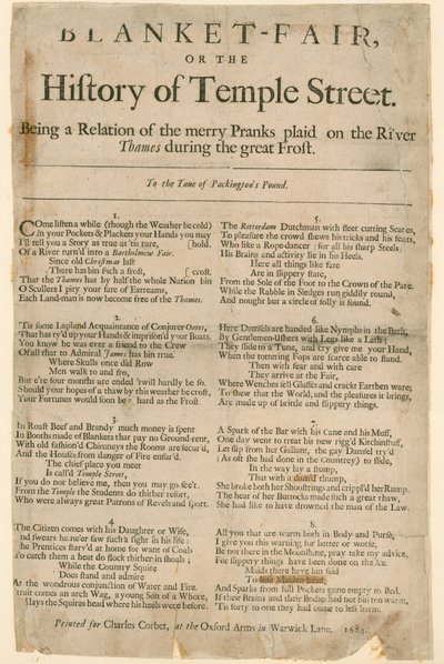 Dekový veletrh. Báseň o Frost Fair z roku 1684 od English School