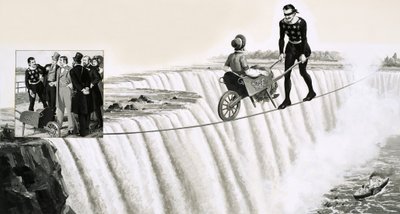 Blondin (Francois Gravelet) tlačí trakař přes lano nad Niagarskými vodopády od English School