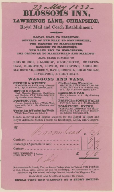Blossoms Inn, Lawrence Lane, Cheapside, Bill od English School