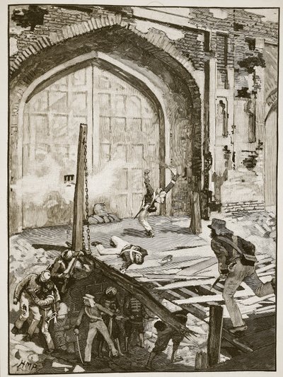 Vyhození Kašmírové brány v Dillí do povětří, ilustrace z Cassells Illustrated History of England (sépiová fotografie) od English School