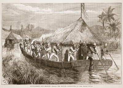 Modrokabátníci a námořní pěchota na britské výpravě po řece Perak, ilustrace z Cassells Illustrated History of England od English School