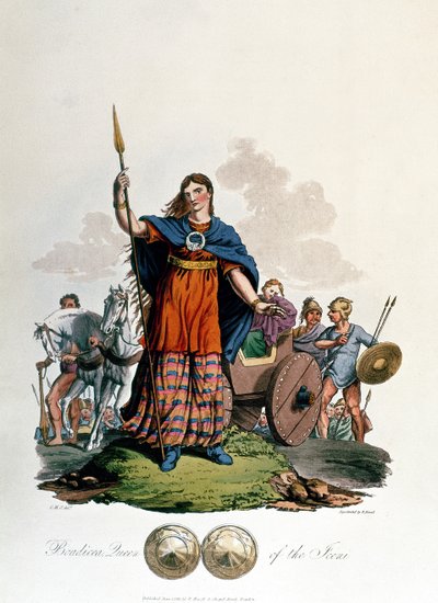 Boadicea, královna Iceni, navržený C.H.S., vyryto Richardem Havellem starším, vydáno 1815 (akvatinta) od English School