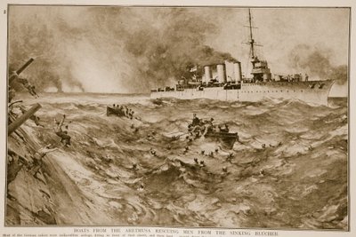 Čluny z lodi Arethusa zachraňující muže z potápějící se lodi Blucher, 1914-19 od English School