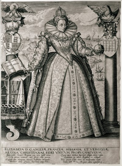 Knižní frontispis oslavující královnu Alžbětu je šťastná a prosperující vláda, 1596 od English School