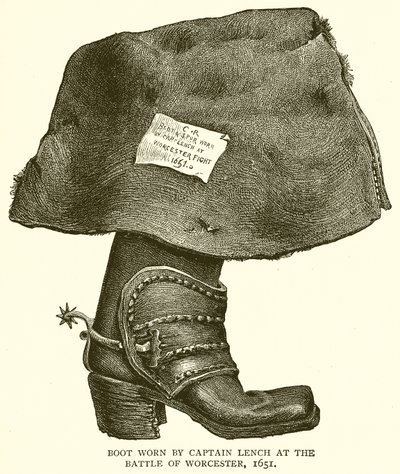 Boty nošené kapitánem Lenchem v bitvě u Worcesteru, 1651 od English School