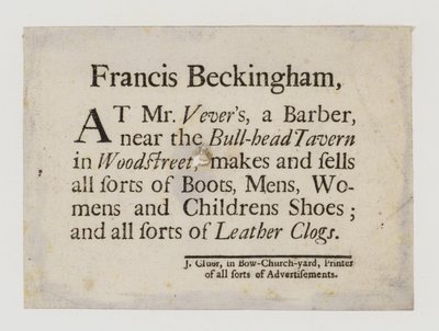 Boot and Shoemakers, Francis Beckingham, vizitka od English School