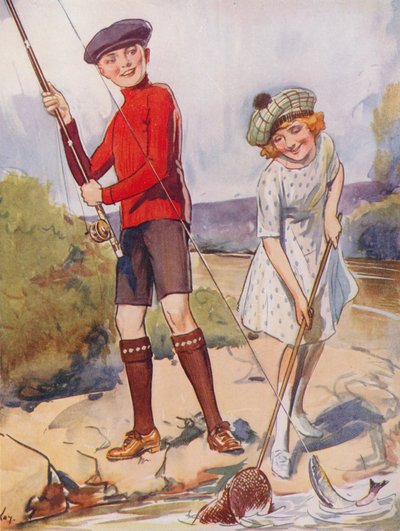Chlapec a dívka chytají ryby (barevná litografie) od English School